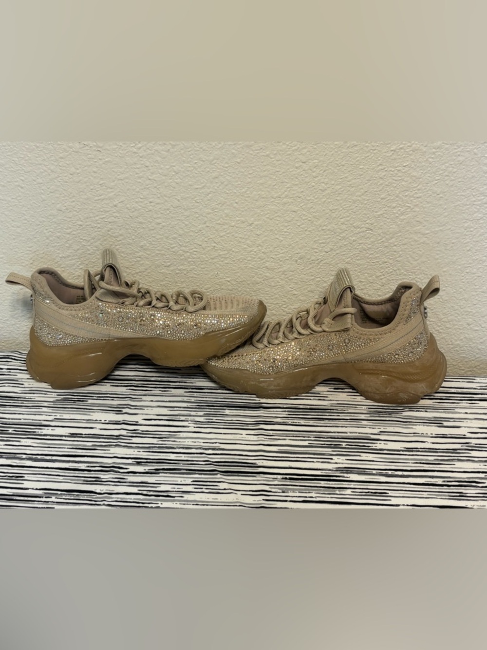 Woman’s Steve Madden Taupe Rhinestone Knit Platform Sneakers